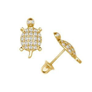 14K Solid Yellow Gold Adorable Little Turtle Studs Earrings Set With Birthstones